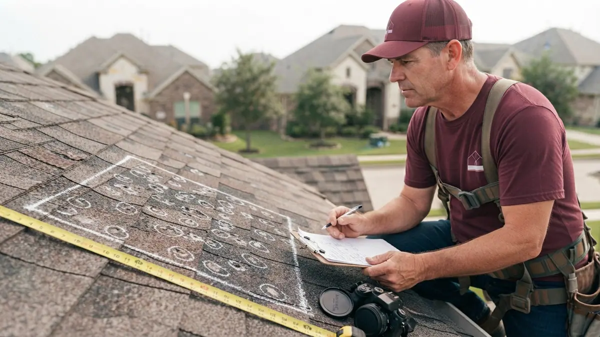 chalked test square and tape measure marking hail impacts on a residential roof slope