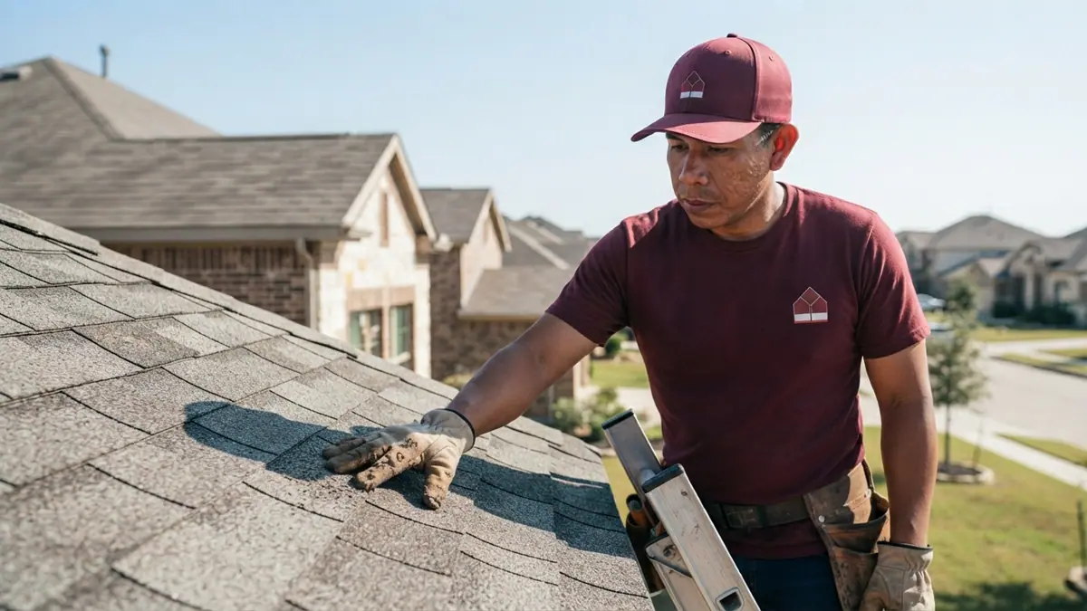 roofer and weathered asphalt slope with granule loss above matching subdivision rooflines