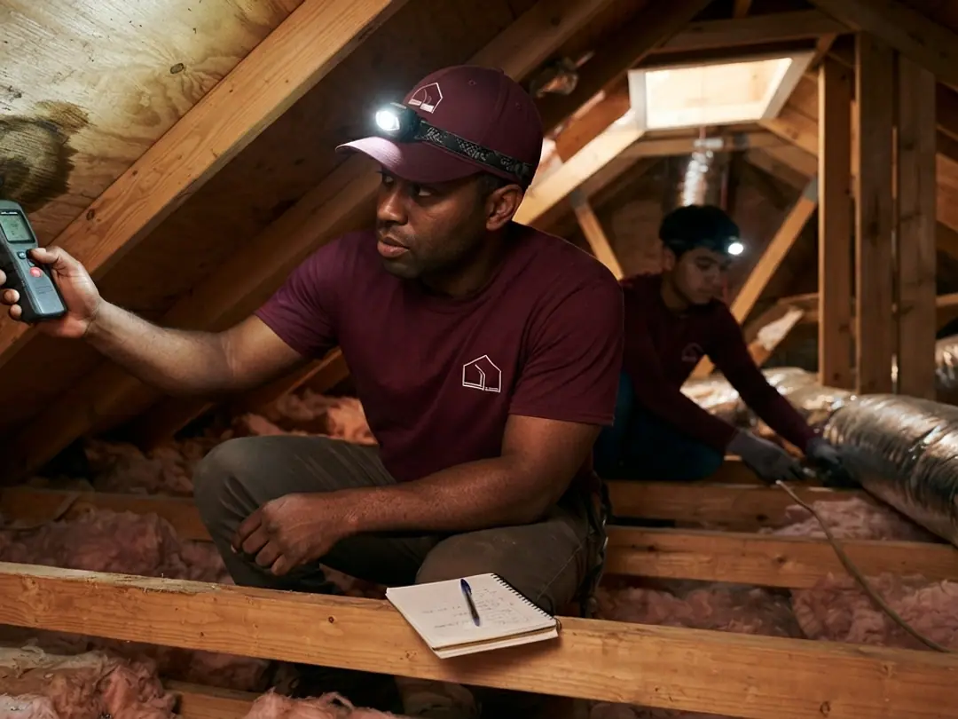 roofer and moisture meter reading damp sheathing beside stained attic insulation
