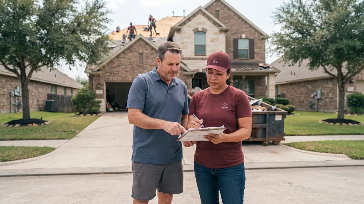 roofer and homeowner reviewing permit paperwork on a clipboard beside a Fulshear re-roof in progress
