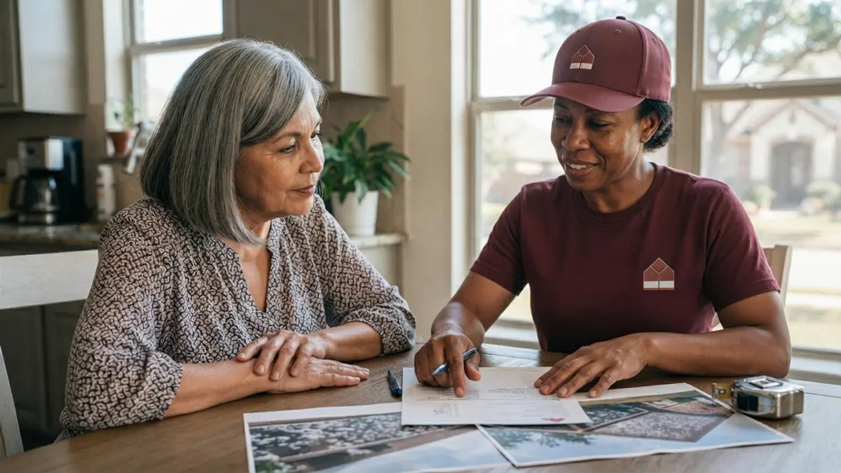 written roofing estimate and printed roof photographs on a kitchen table