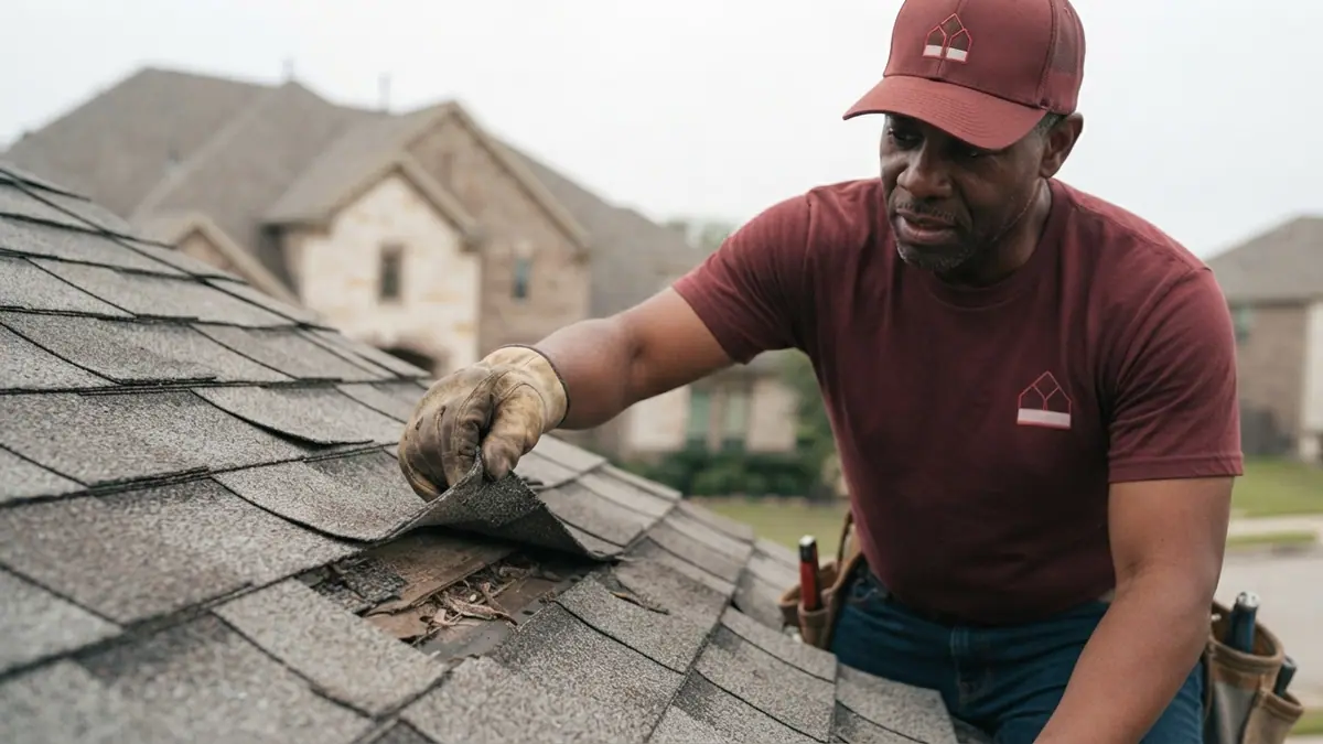 gloved hand and lifted shingle tab showing a broken sealant strip on a wind-damaged slope