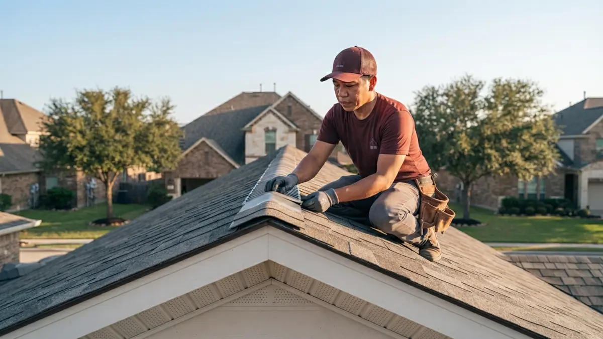 roofer and continuous ridge vent above a soffit intake vent on an asphalt shingle roof