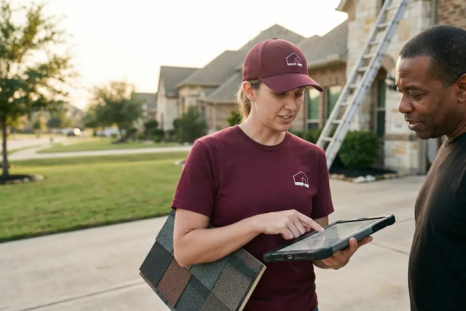 roofer and tablet presenting a written roof estimate to a homeowner in a suburban driveway