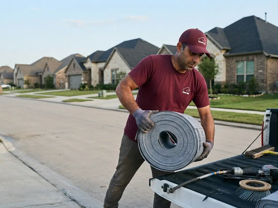 roofer and work truck arriving at a Texas suburban home on a residential street