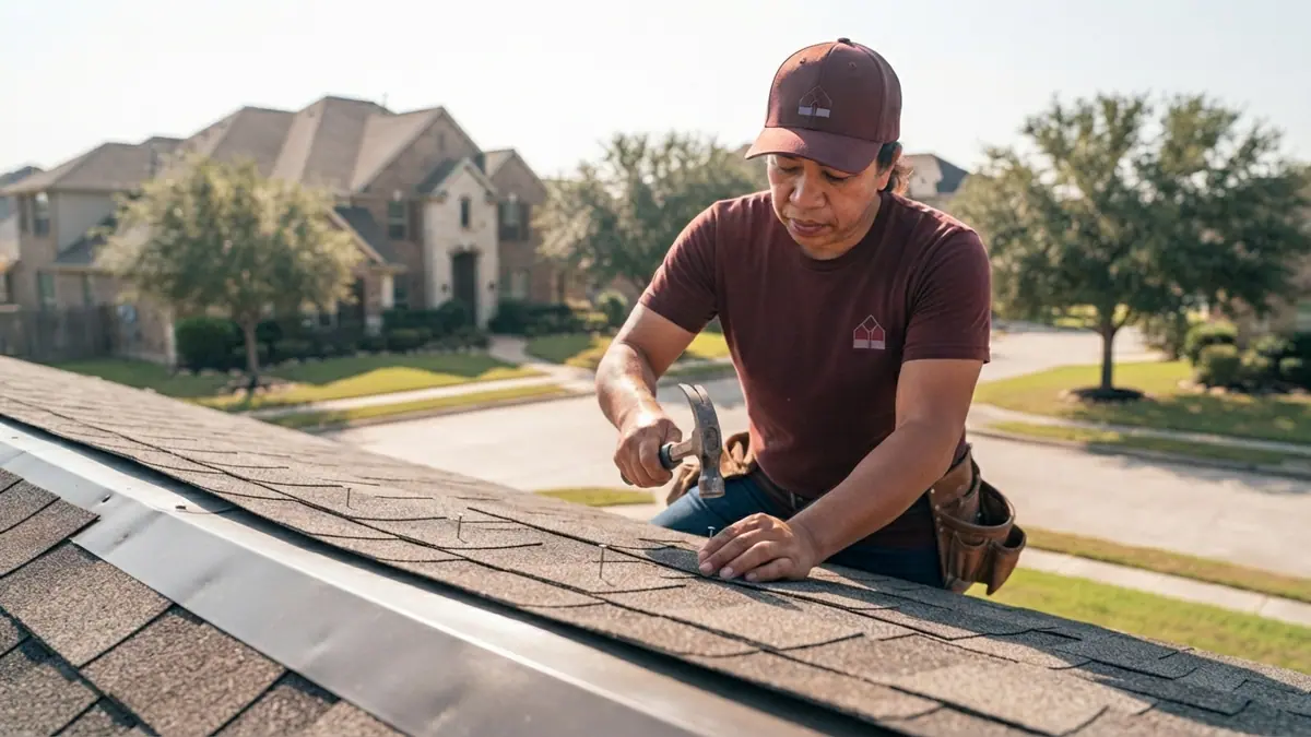 roofing nail and hammer setting a shingle course above drip edge and starter strip