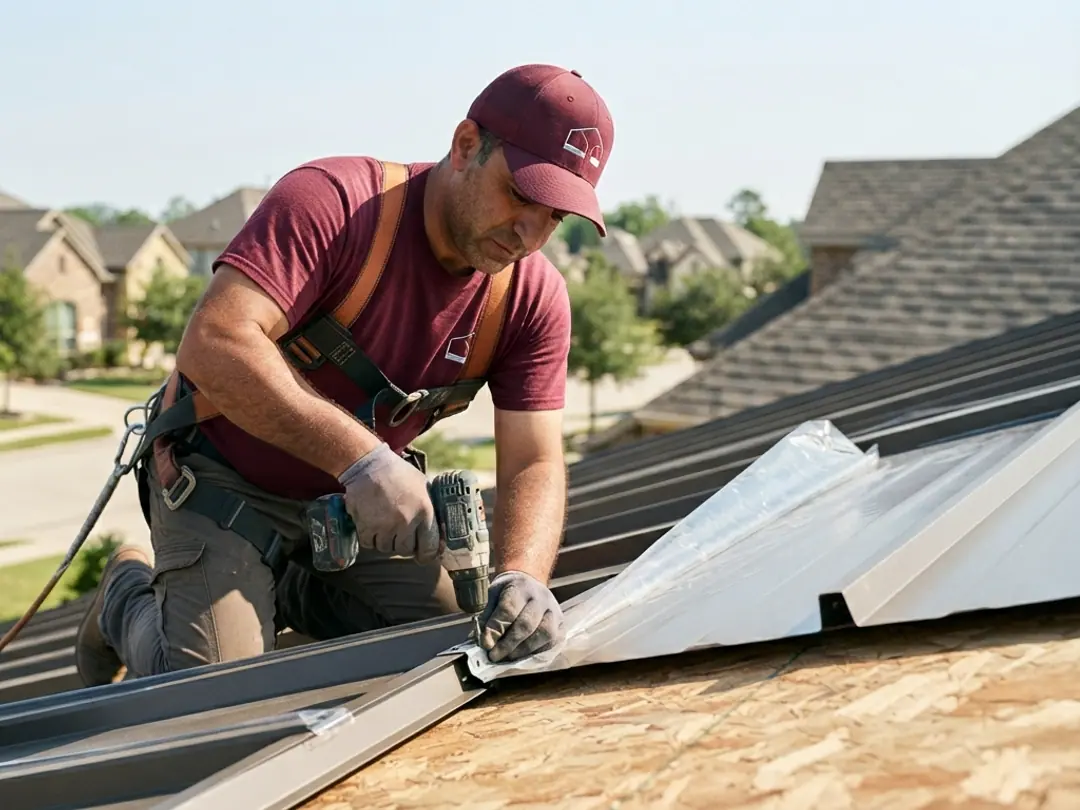 roofer and concealed clip fastening a standing seam panel to the roof deck