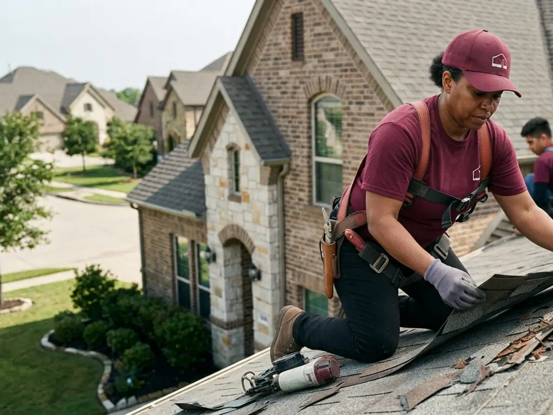 roofer and creased shingle tabs peeled back along a roof edge after high wind